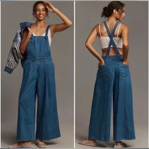 Anthropologie Maeve Pinafore Denim Wide Leg Jumpsuit $228 Size S